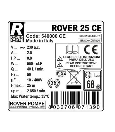 Electropompa ROVER 25 CE, 0,8 CP/ 2850 rpm, 2500l/h