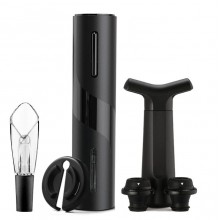 Set 6 accesorii pentru vin: Tirbuson electric, Pompa vacuum, Doua dopuri, Dispozitiv taiere capison, Picurator